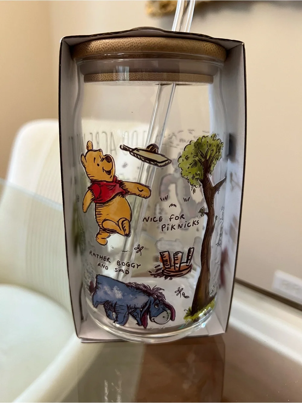 Disney Winnie the Pooh Glass Tumbler with Lid & Straw